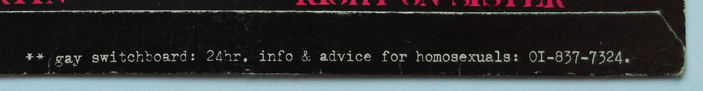 Gay Switchboard number on record sleeve (Photo: Jude Woods)