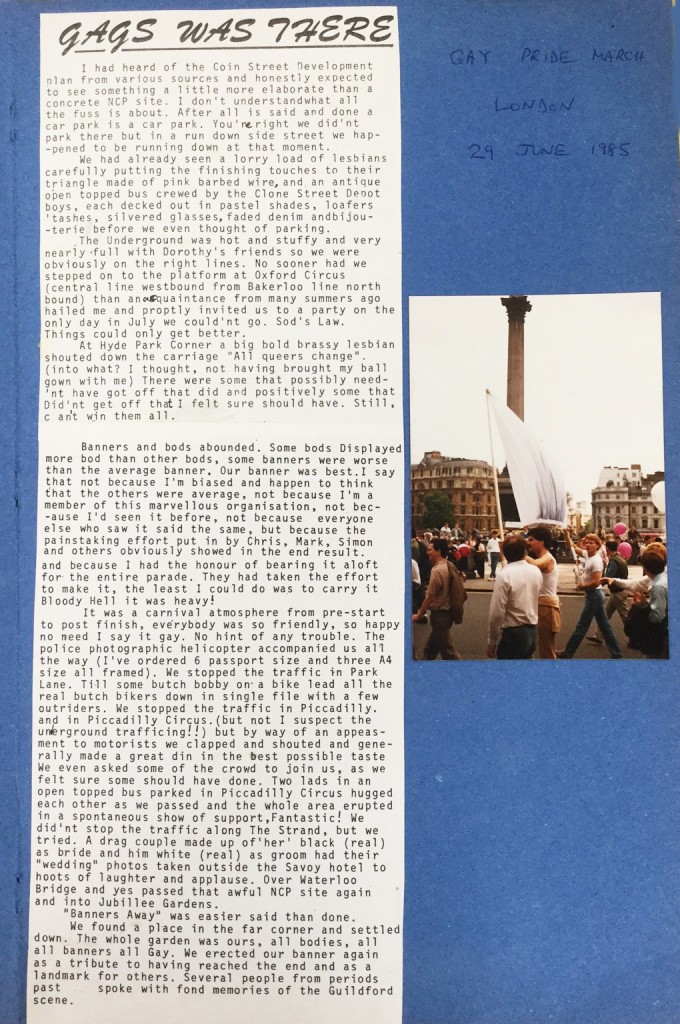 Report of the 1985 Pride march from the GAGS scrapbook (SHC ref 9745/4/5)
